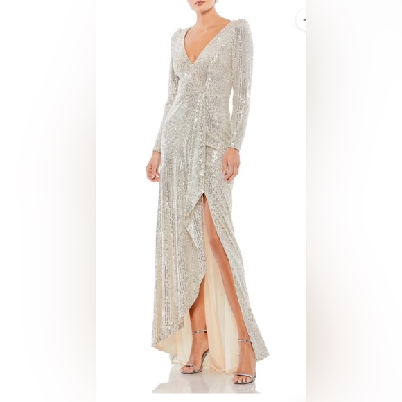 Mac Duggal IEENA Glittering Asymmetrical Long Silver Dress Women’s 12 26395 NEW - Picture 1 of 10